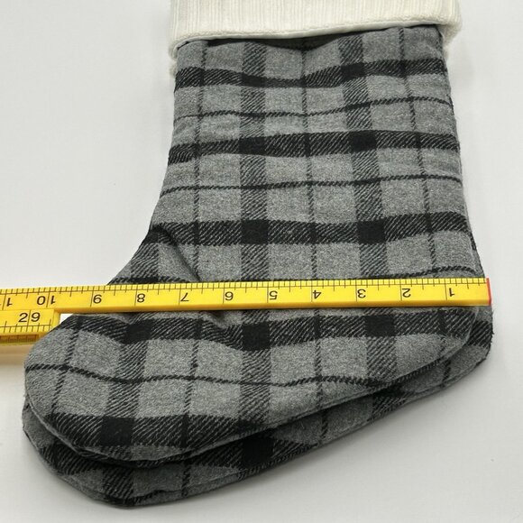 Pair of Joann's Black & White Plaid Christmas Stockings Knit Cuffs w Poms 18-19" - Picture 5 of 6